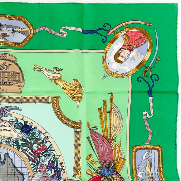 NWT Vintage Hermes Scarf Carré 90 "Le Geographe" in Green - Picture 7 of 10
